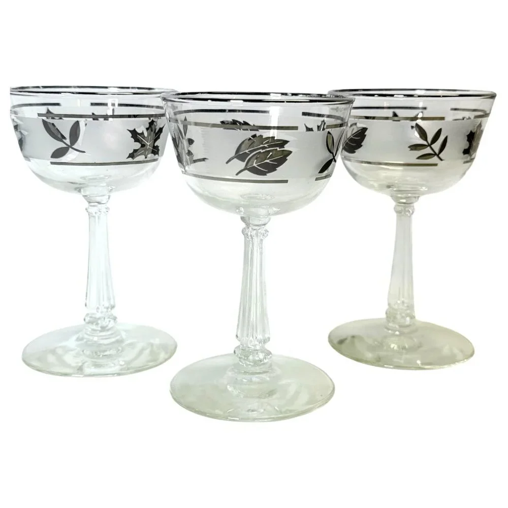 3 Vintage Libbey Silver Leaf Frosted Liquor Coctail Glasses Set 5‎ Inch